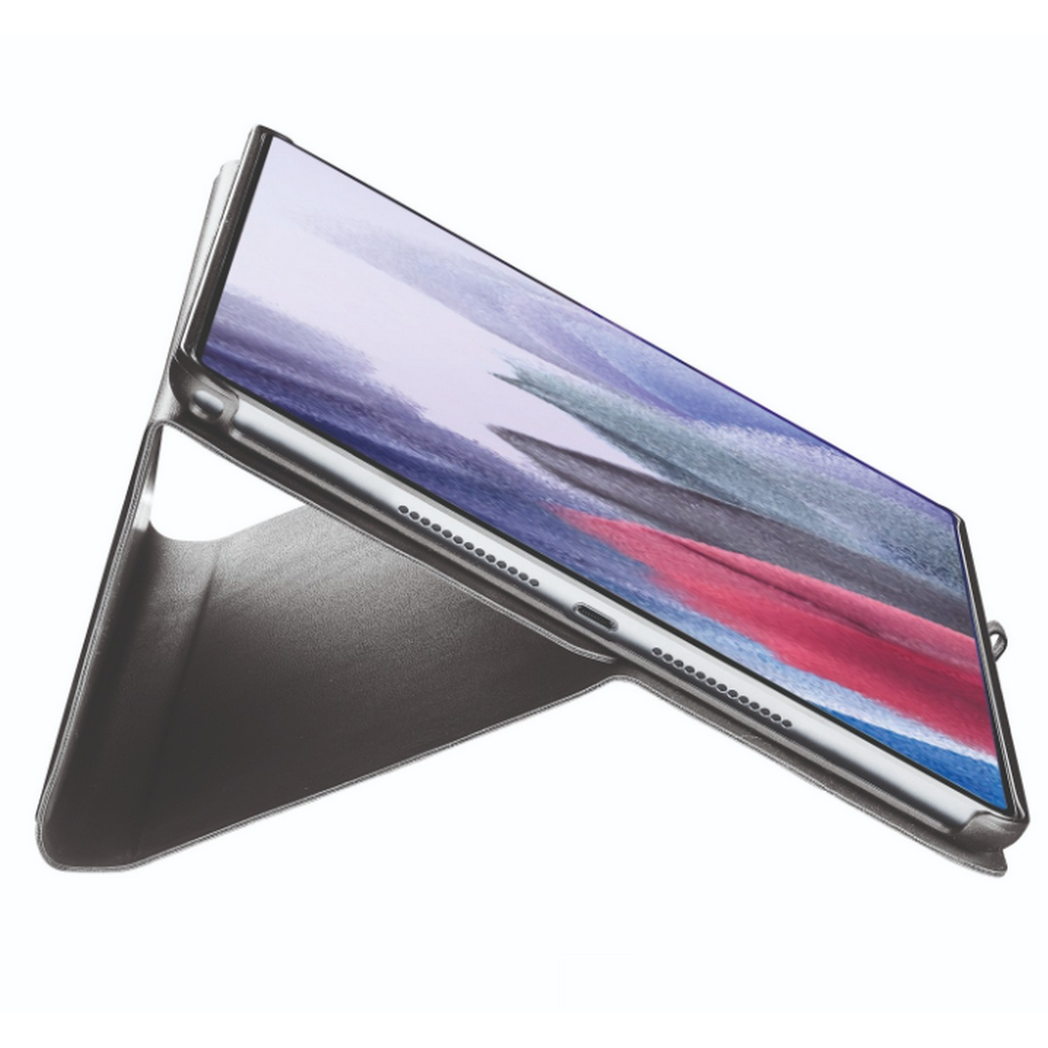 A tablet propped up in a case. The screen displays an abstract colorful design.