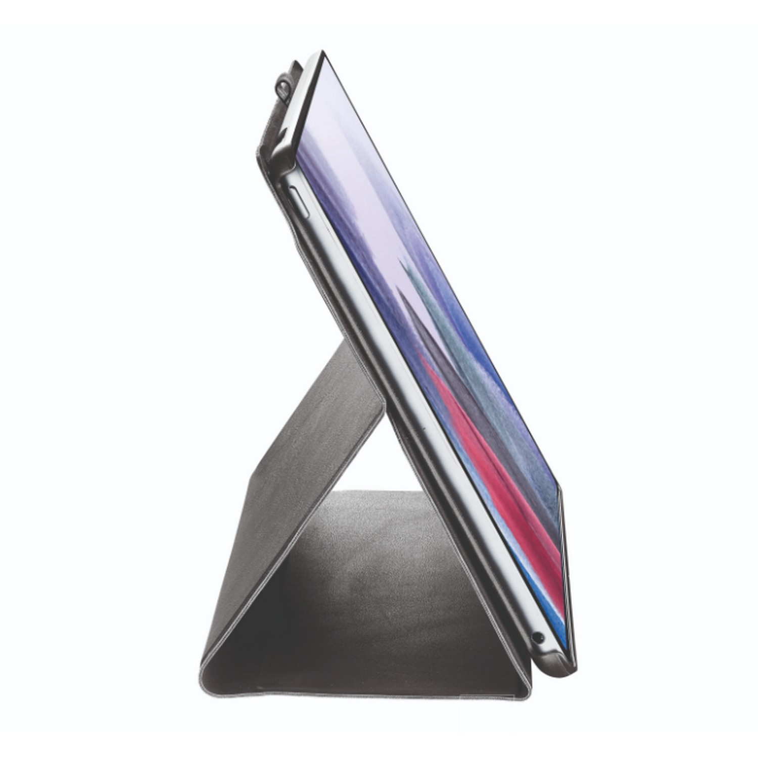 A tablet with a case, propped up for viewing, angled against a white background.