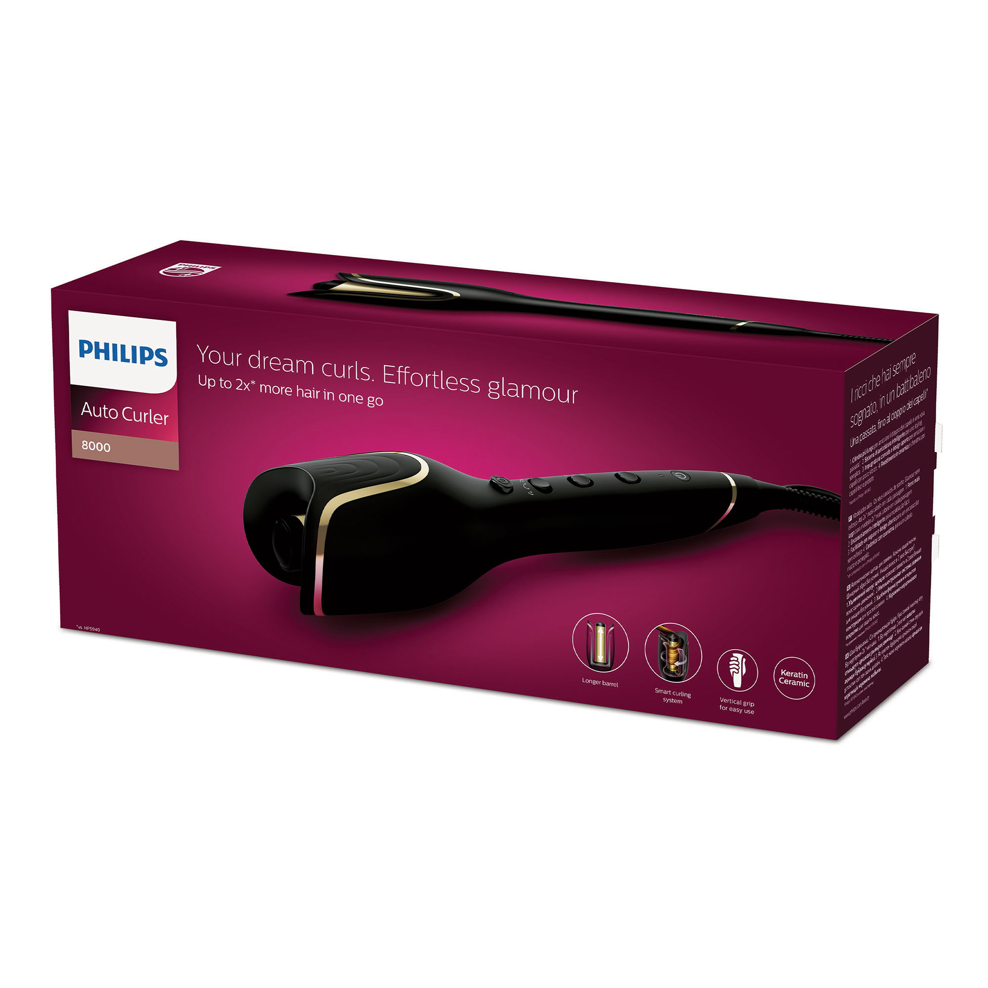 Czarne pudełko Philips Auto Curler 8000 z tekstem i obrazami.