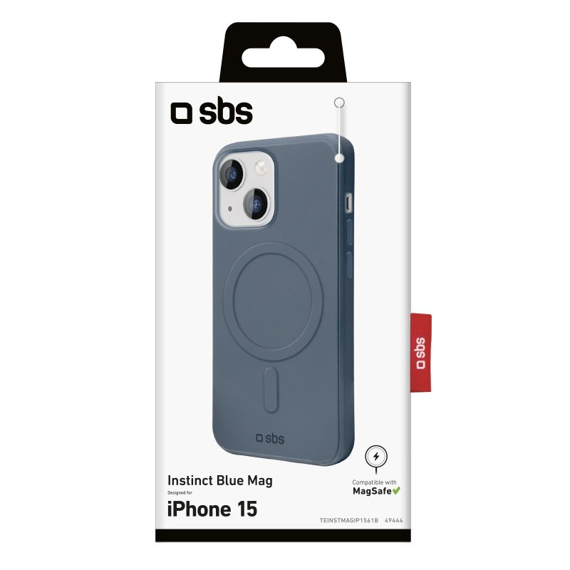 Blaue Handyhülle in Verpackung, MagSafe-kompatibel für iPhone 15, mit Markenlogo.