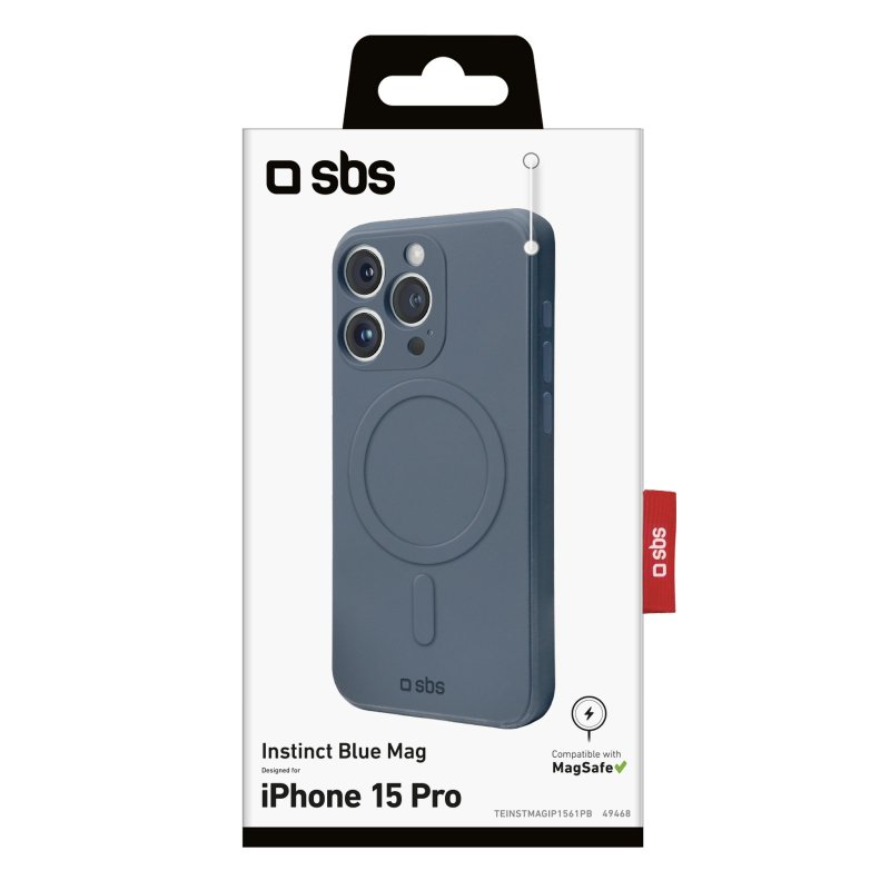 Blaue iPhone 15 Pro Hülle in Verpackung. Die Verpackung zeigt den Umriss des Telefons und das SBS-Logo.