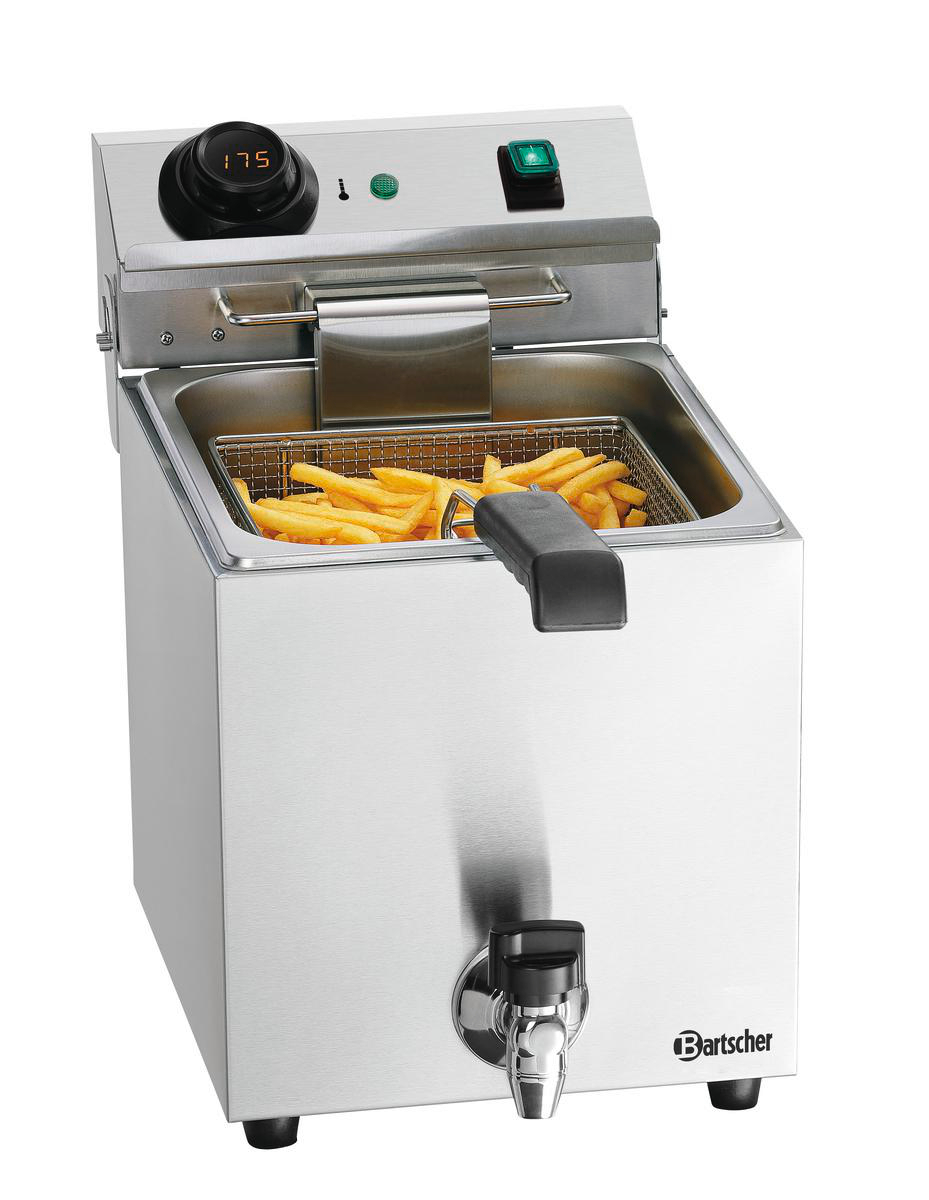 Edelstahl-Fritteuse mit Pommes Frites. Es hat eine Temperaturanzeige von 175. Der Markenname 'Bartscher' ist sichtbar.