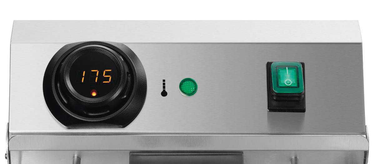 Edelstahlplatte mit digitaler Anzeige 175. Enthält Kontrollleuchten und einen grünen Netzschalter.