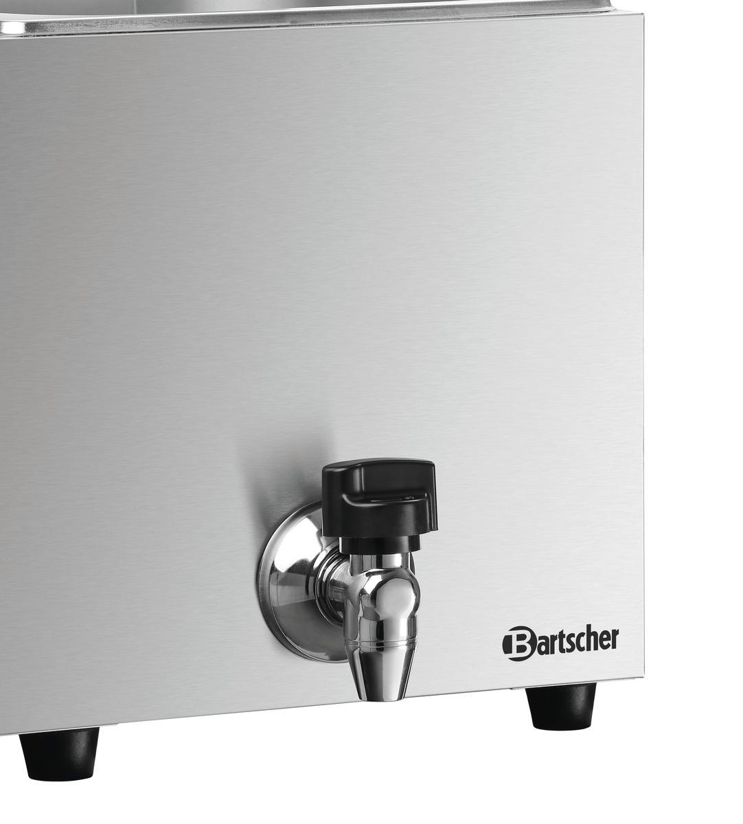 Edelstahl-Getränkespender mit schwarzem Wasserhahn und dem Markennamen 'Bartscher'.