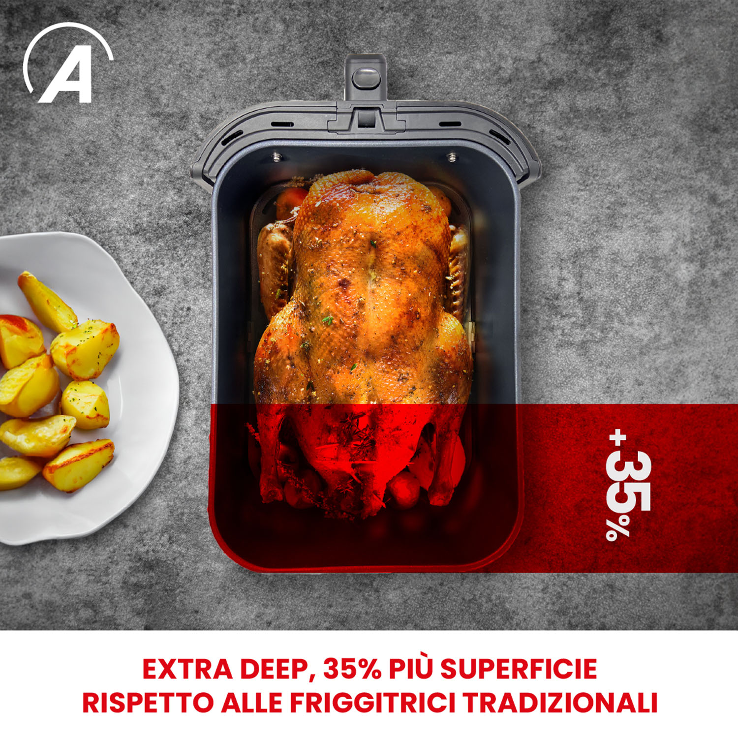 Pollo arrosto in una friggitrice ad aria, con patate. Sezione rossa in basso con testo.