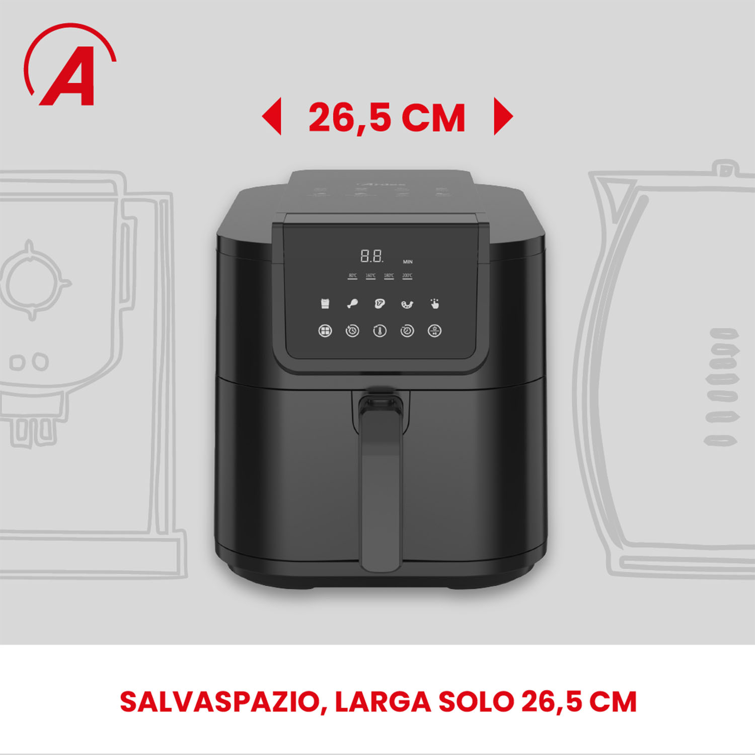 Friggitrice ad aria nera con maniglia, con un testo e un disegno.