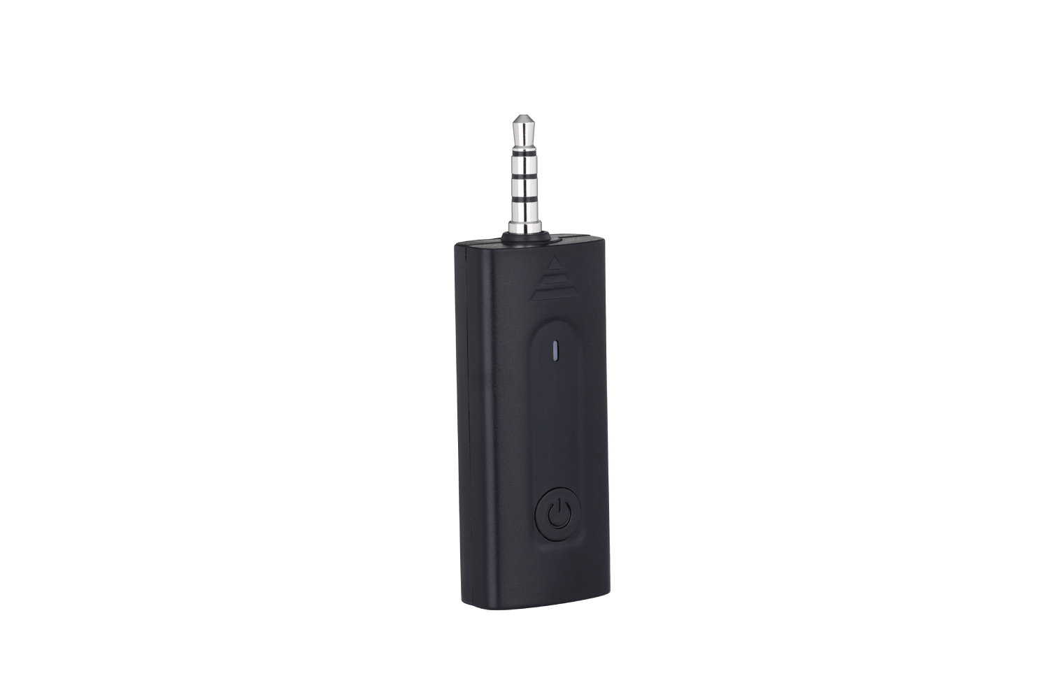Dispositivo rectangular negro con conector de 3,5 mm y botón de encendido. Fondo blanco.