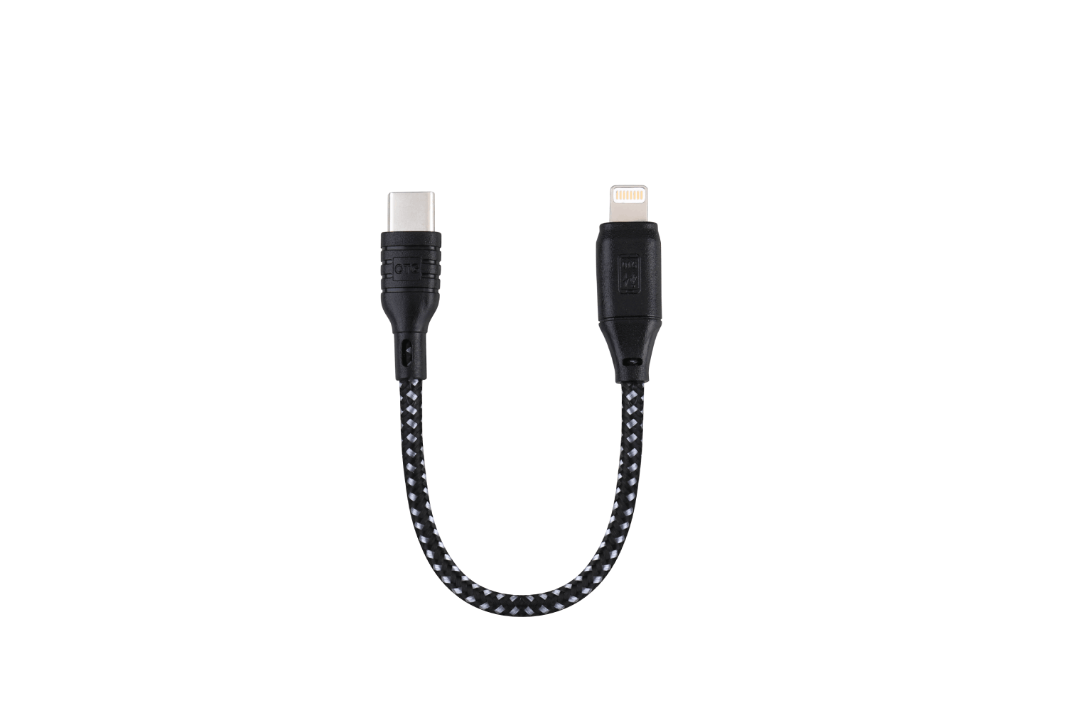 Un cable USB-C a Lightning en blanco y negro sobre un fondo blanco.