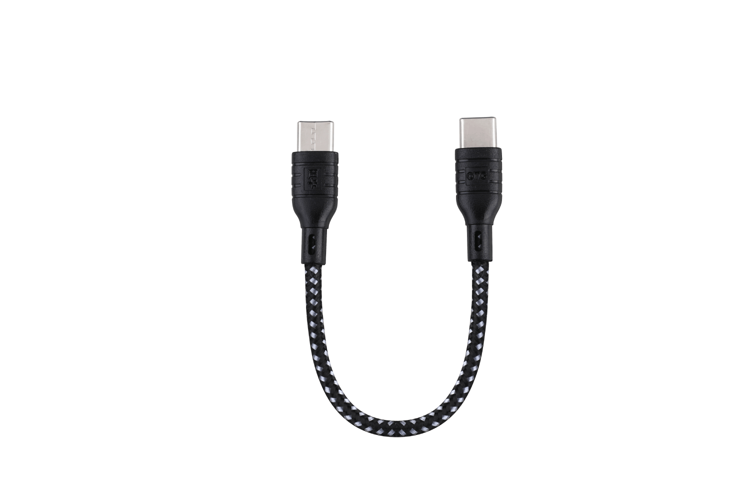 Cable USB-C a USB-C, trenzado negro y gris.