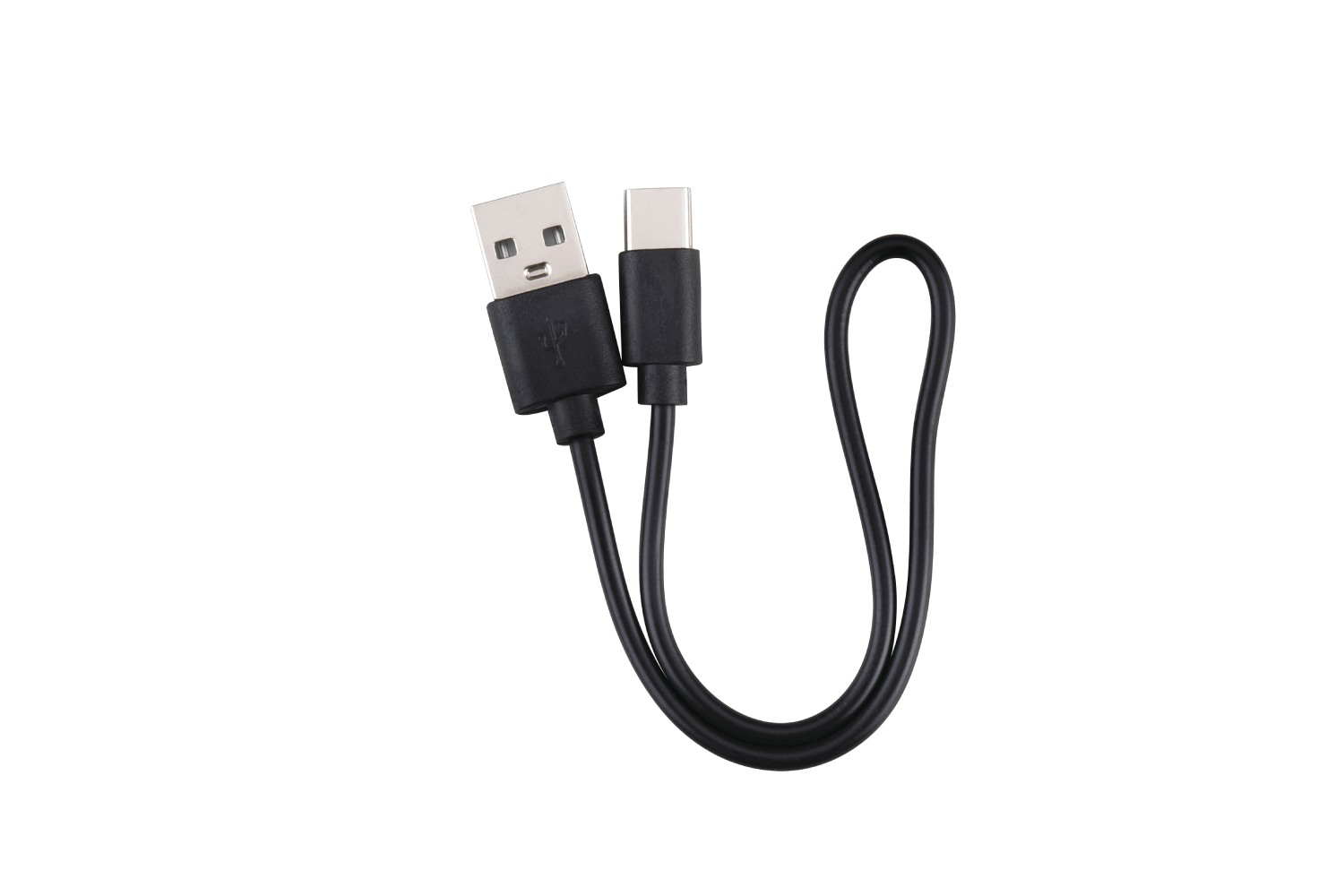 Cable USB-A a USB-C negro con un bucle. Fondo blanco.