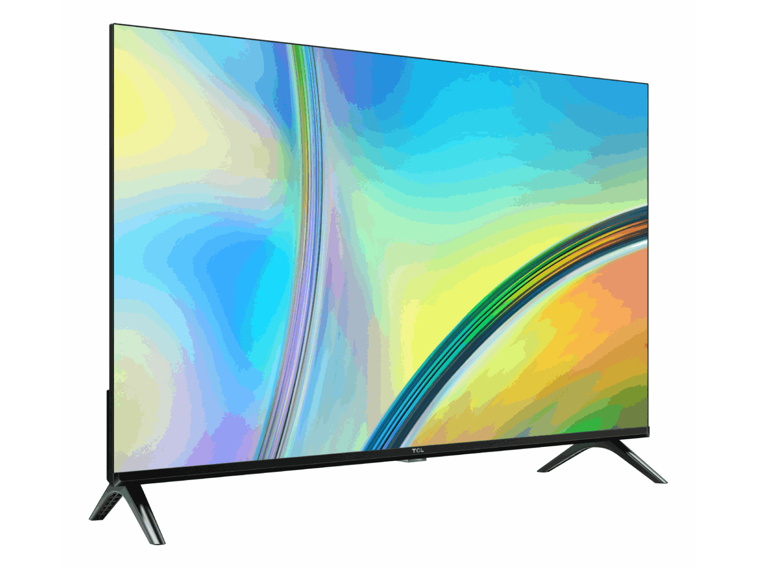 Una pantalla de TV moderna con una pantalla abstracta colorida. La pantalla está sobre un soporte negro.