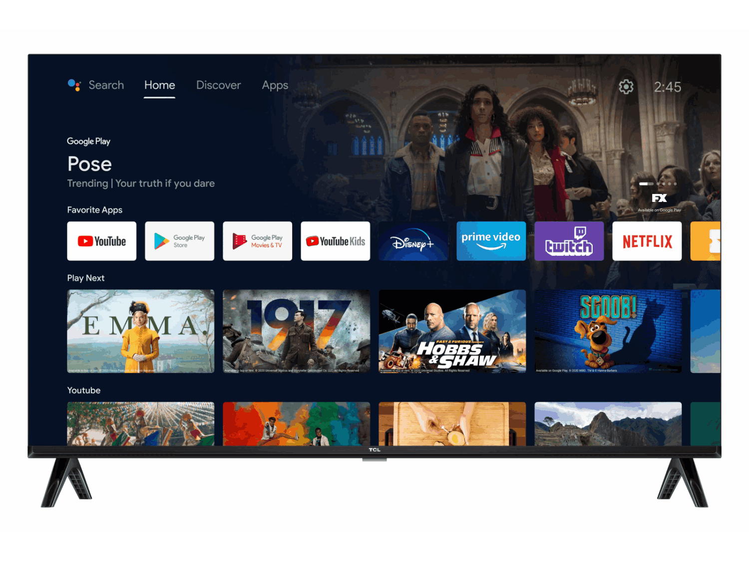 Un televisor de pantalla plana que muestra una interfaz de TV inteligente con iconos de aplicaciones y sugerencias de películas.