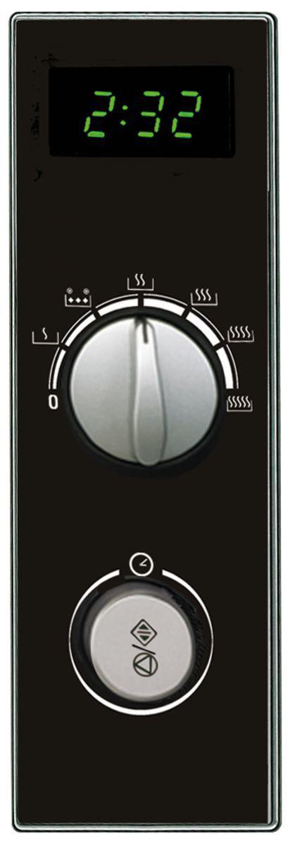 Schwarzes Gerätebedienfeld mit Digitaluhr (2:32), Drehknopf und Taste.
