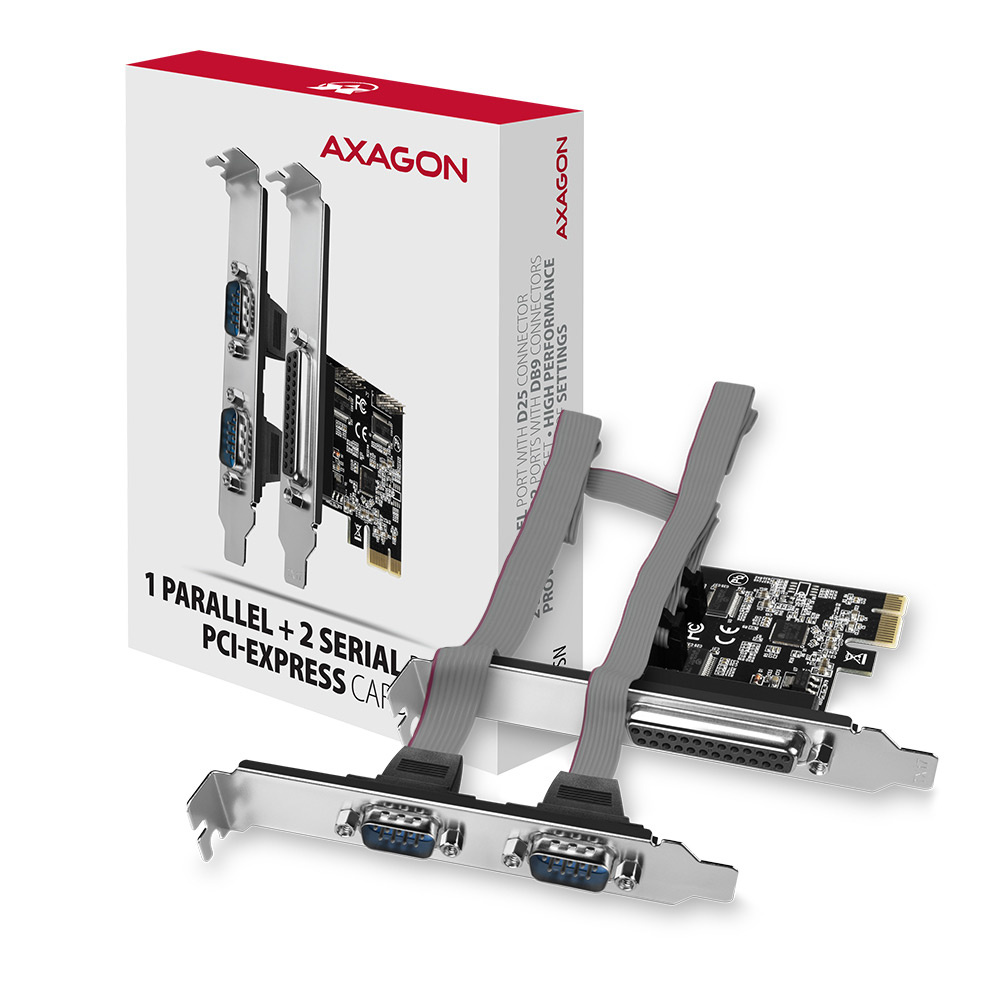 Két PC bővítőkártya, mindegyik kettő porttal, egy fehér dobozban. A dobozon az „AXAGON” felirat látható.
