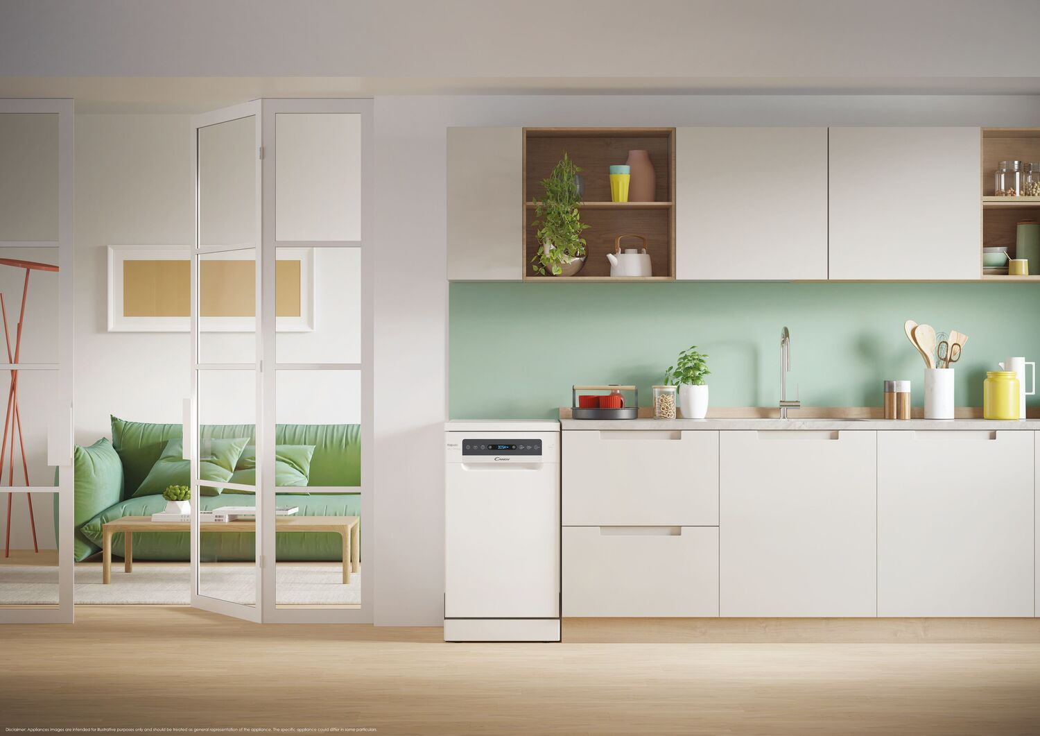 Una cocina con lavavajillas integrado, sofá verde y armarios blancos.