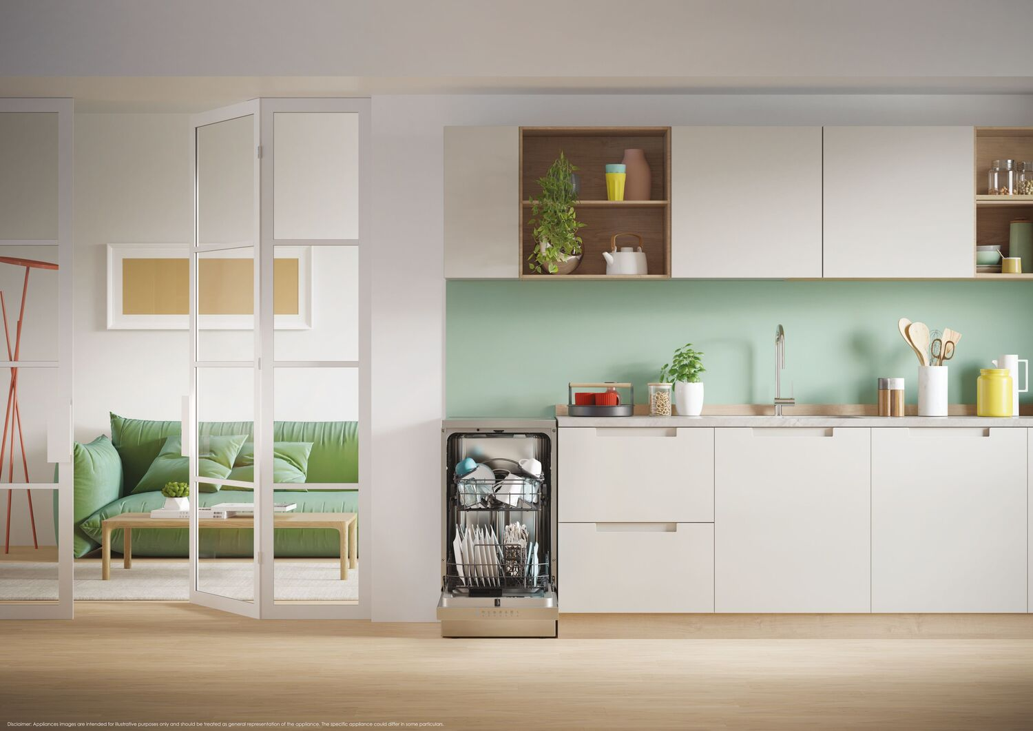 Cocina moderna con lavavajillas abierto. Sofá verde visible a través de puertas de cristal.