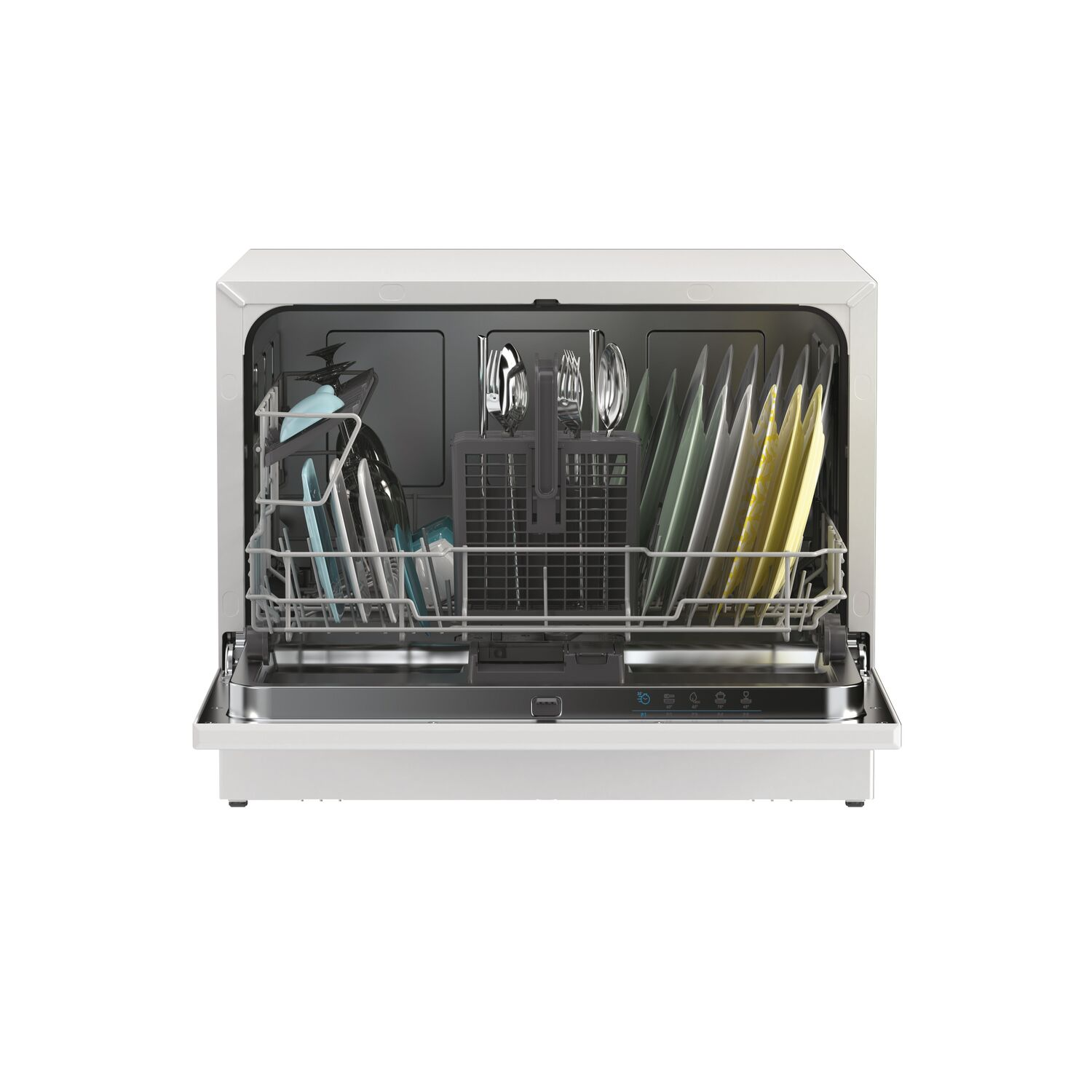 Lavavajillas con puerta abierta, cargado con platos y utensilios. Exterior blanco.