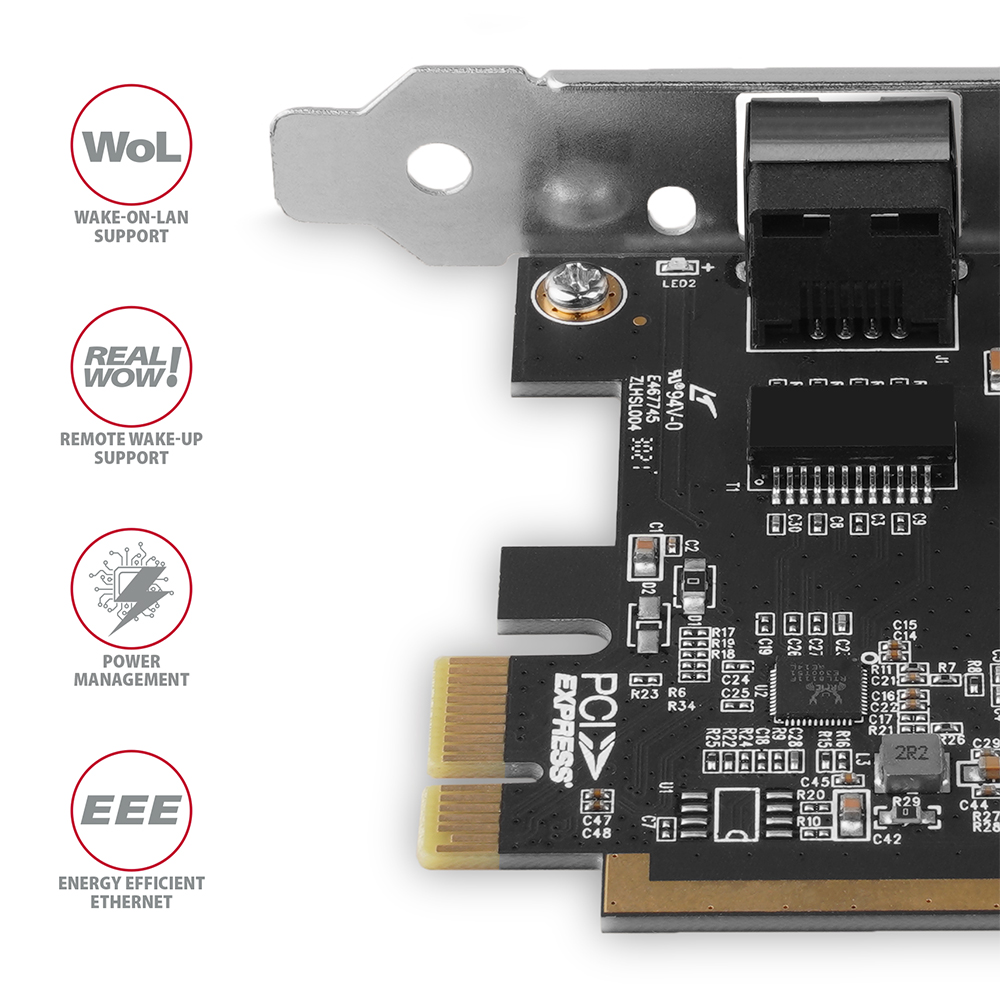 PCIe kártya elektronikus alkatrészekkel és szöveges címkékkel.