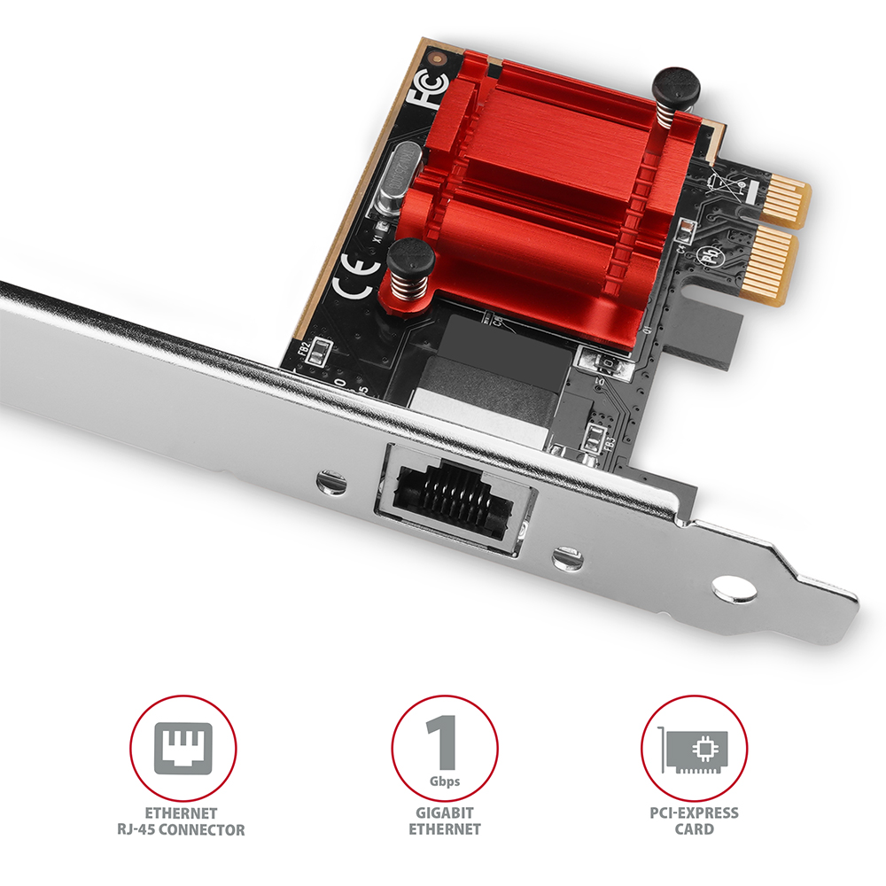 Egy fekete PCI-Express kártya piros hűtőbordával és ethernet porttal.