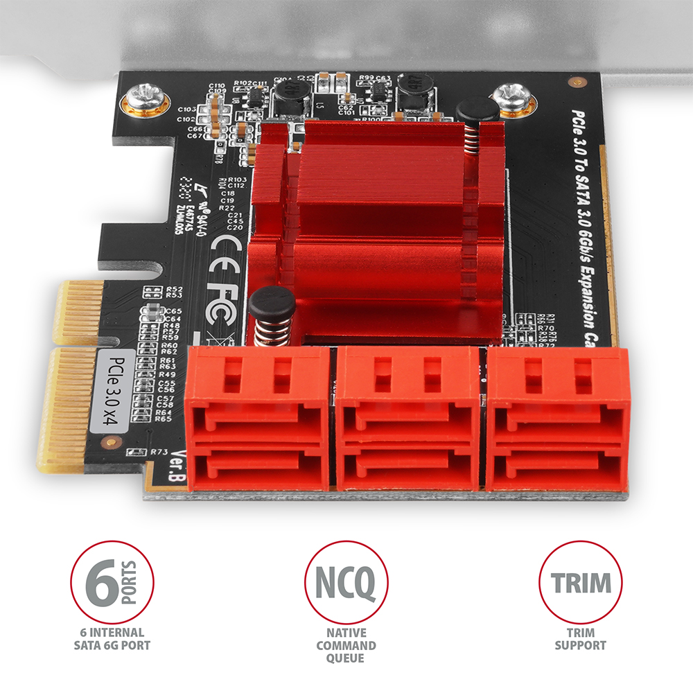 PCIE 3.0 - SATA 3.0 6Gbps bővítőkártya. 6 porttal, NCQ-val és TRIM-mel. Piros hűtőborda.