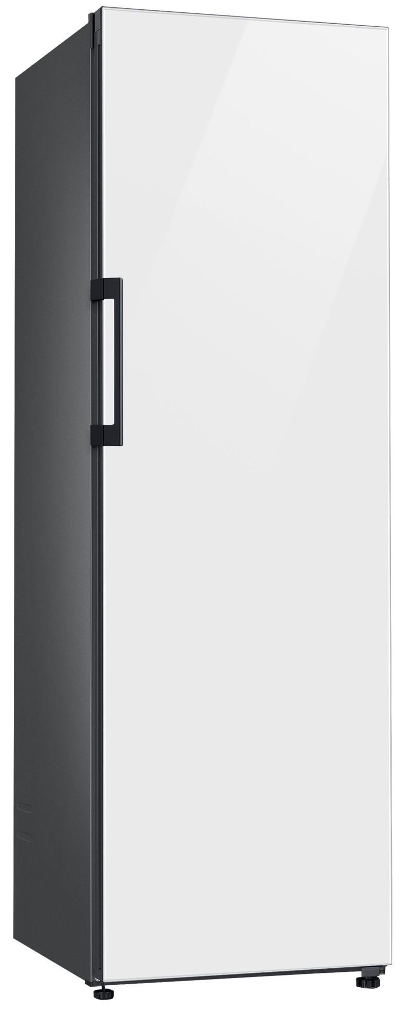 Biała lodówka Samsung. Czarny uchwyt i bok. Izolowana na białym tle.