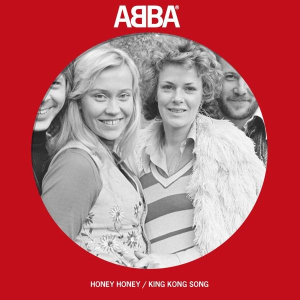 ABBA-Albumcover. Vier Bandmitglieder in einem roten Kreis. Albumtitel ist "Honey Honey / King Kong Song".