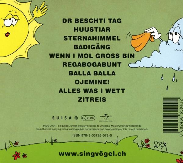 CD-Cover mit Cartoon-Sonne und Wolke, Text auf Deutsch und grünem Feldhintergrund.