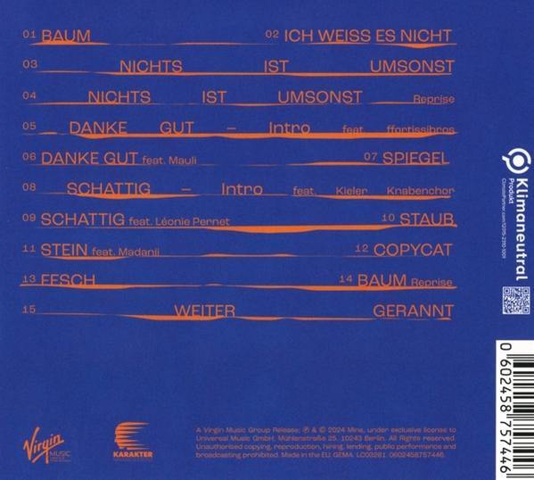 Albumcover mit Songtiteln und Credits auf blauem Hintergrund.