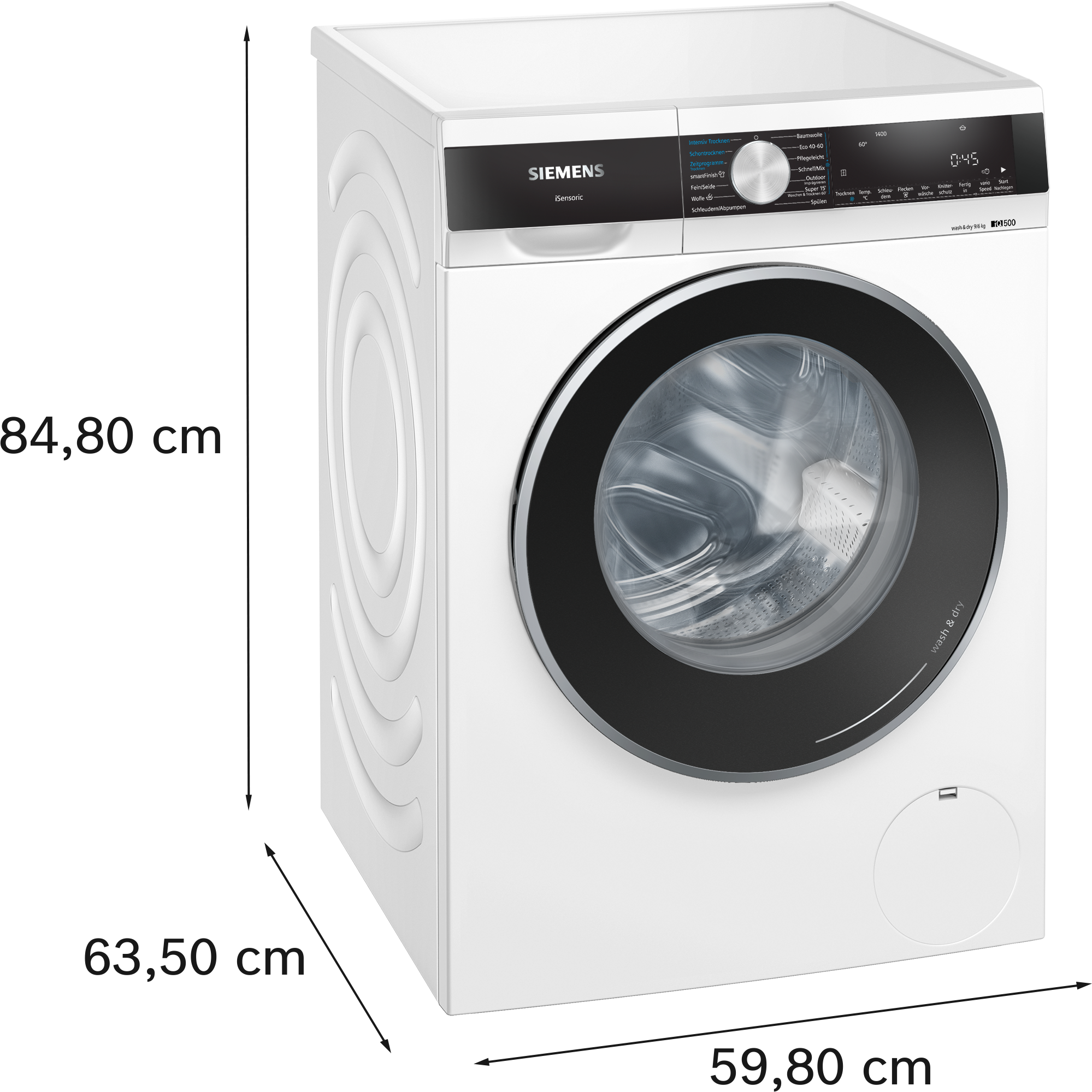 Weiße Siemens Waschmaschine, schräge Ansicht. Schwarzes Bedienfeld, Tür. Weißer Korpus mit geschwungenen Seitenakzenten.