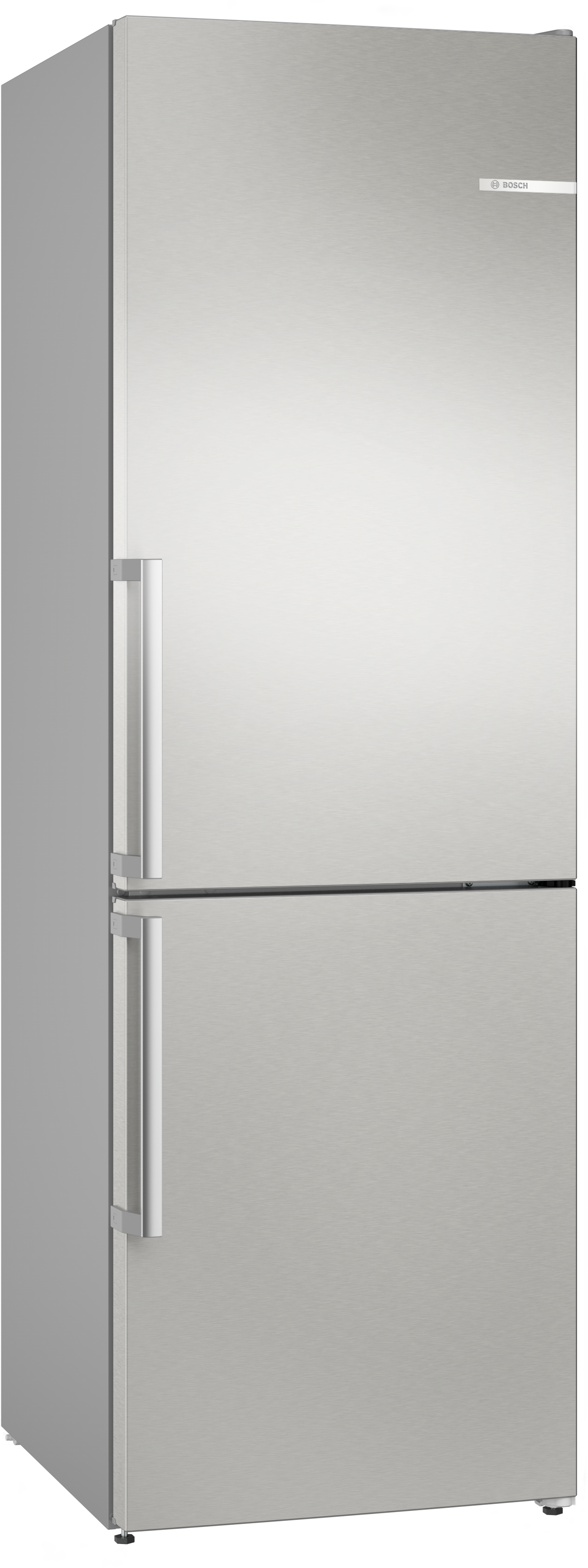 Edelstahl-Bosch-Kühlschrank mit zwei Türen und silbernen Griffen.