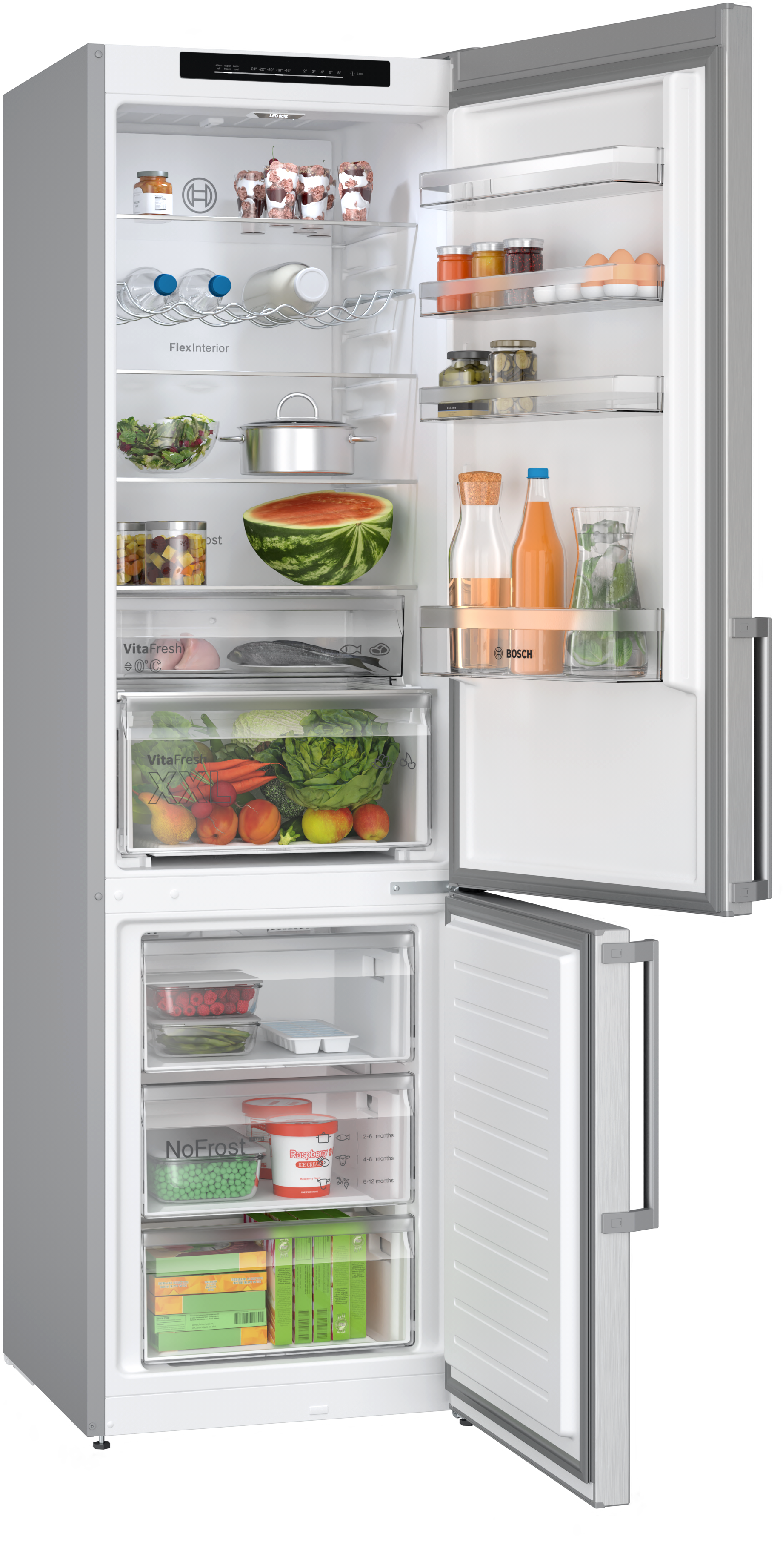Ein Kühlschrank mit offenen Türen, voller Essen und Getränke.