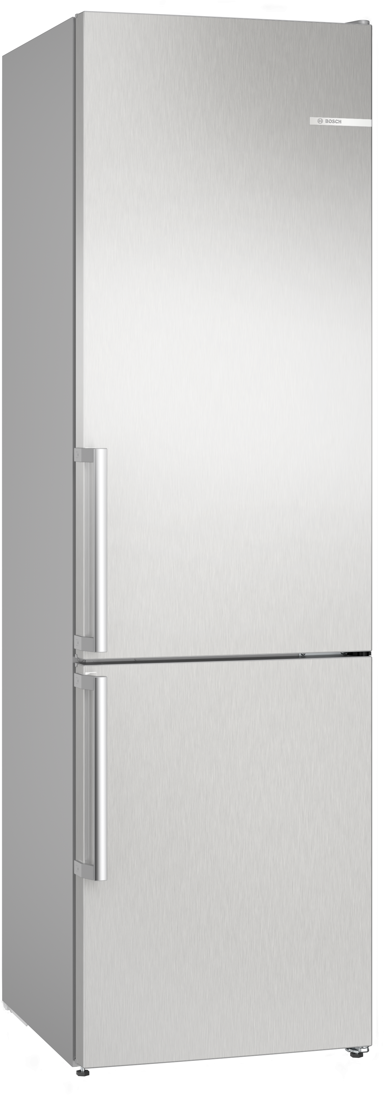 Ein Kühlschrank aus Edelstahl, Zweitürmodell.