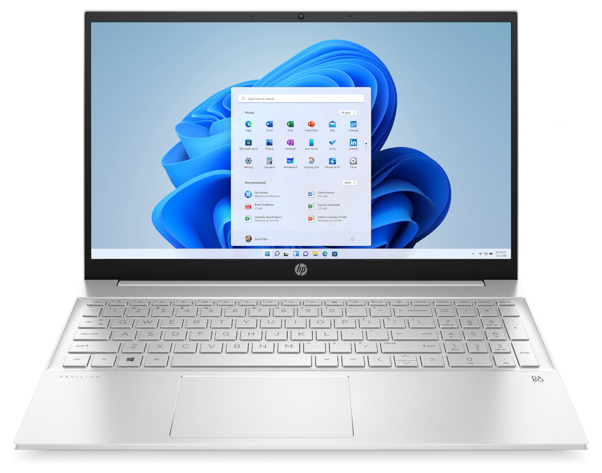Laptop wyświetlający interfejs Windows 11, otwarty i widziany z przodu.