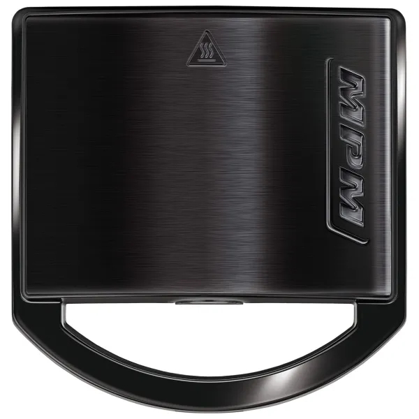 Czarny opiekacz do kanapek MPM, widok z góry. Powierzchnia ma symbol grzania i logo MPM.