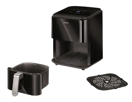 Czarna frytkownica powietrzna z wyjmowanym koszem i grillem.