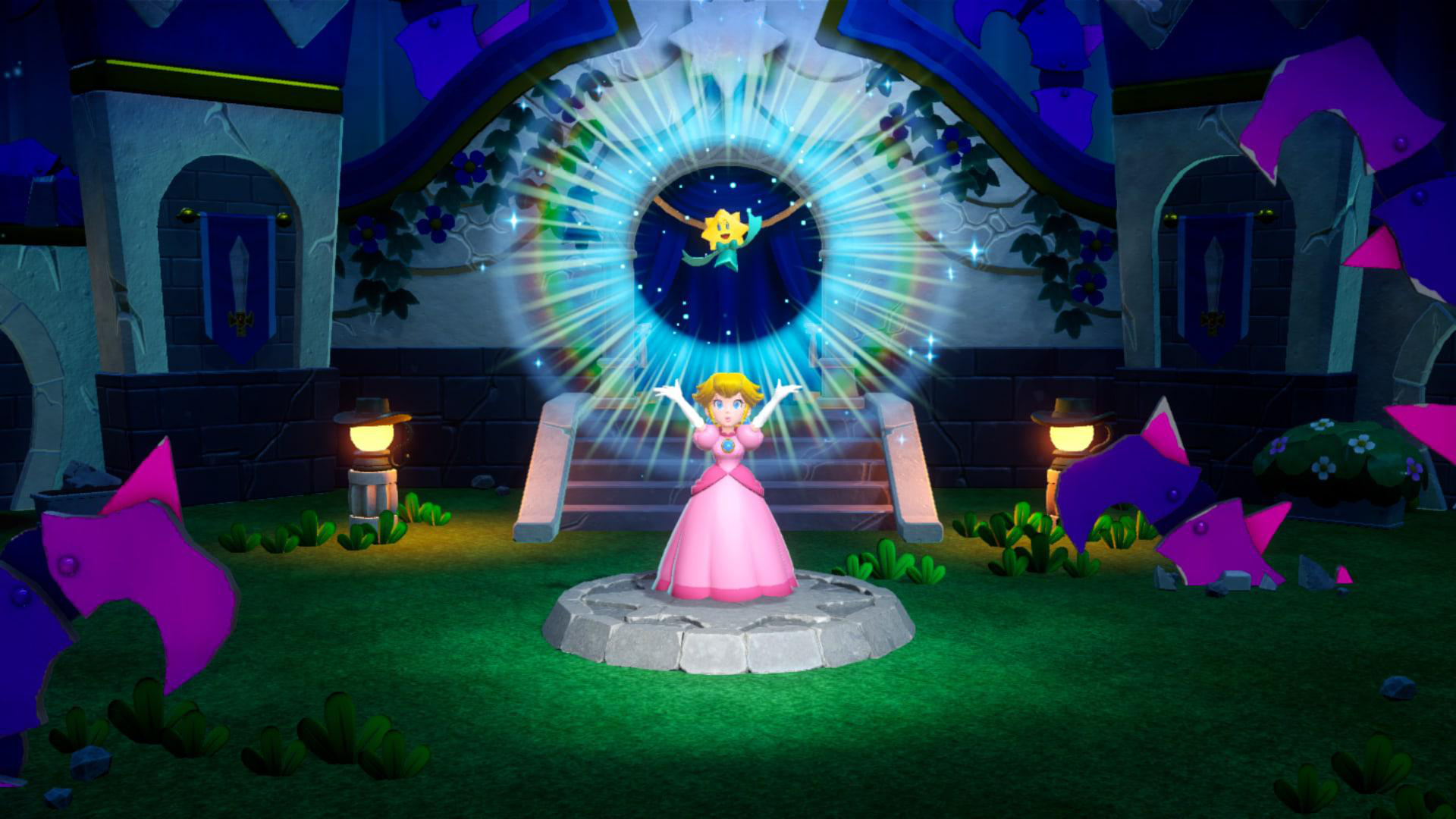 Prinzessin Peach im rosa Kleid, steht auf einem kreisförmigen Steinsockel.