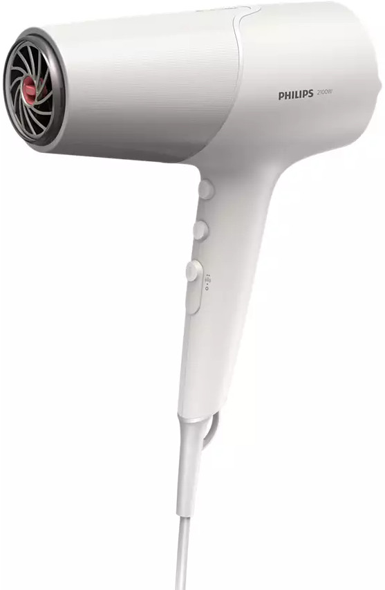 Een witte Philips föhn met zwarte handgreep en knoppen, geïsoleerd op een witte achtergrond.