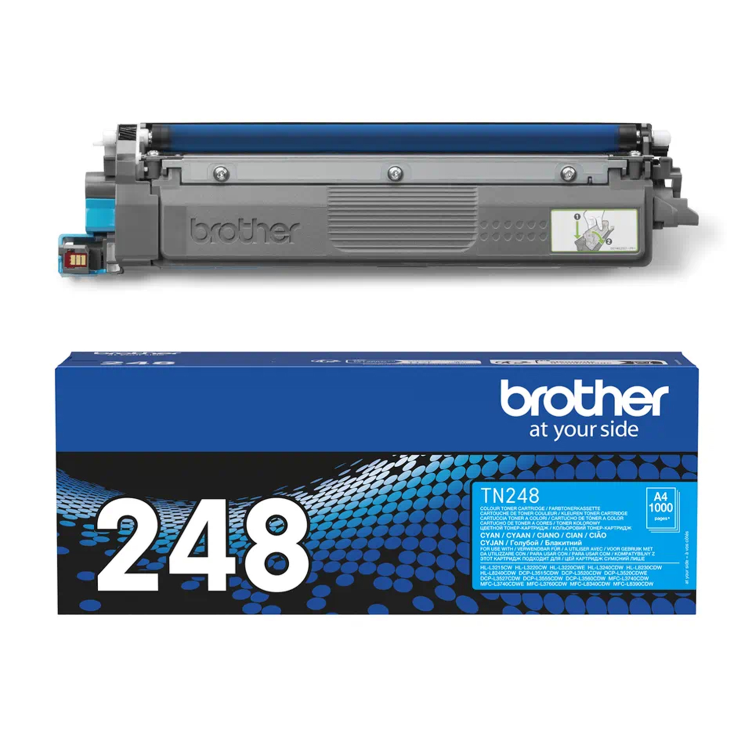 Una cartuccia toner Brother TN248 e la sua scatola, con dettagli di colore e modello.