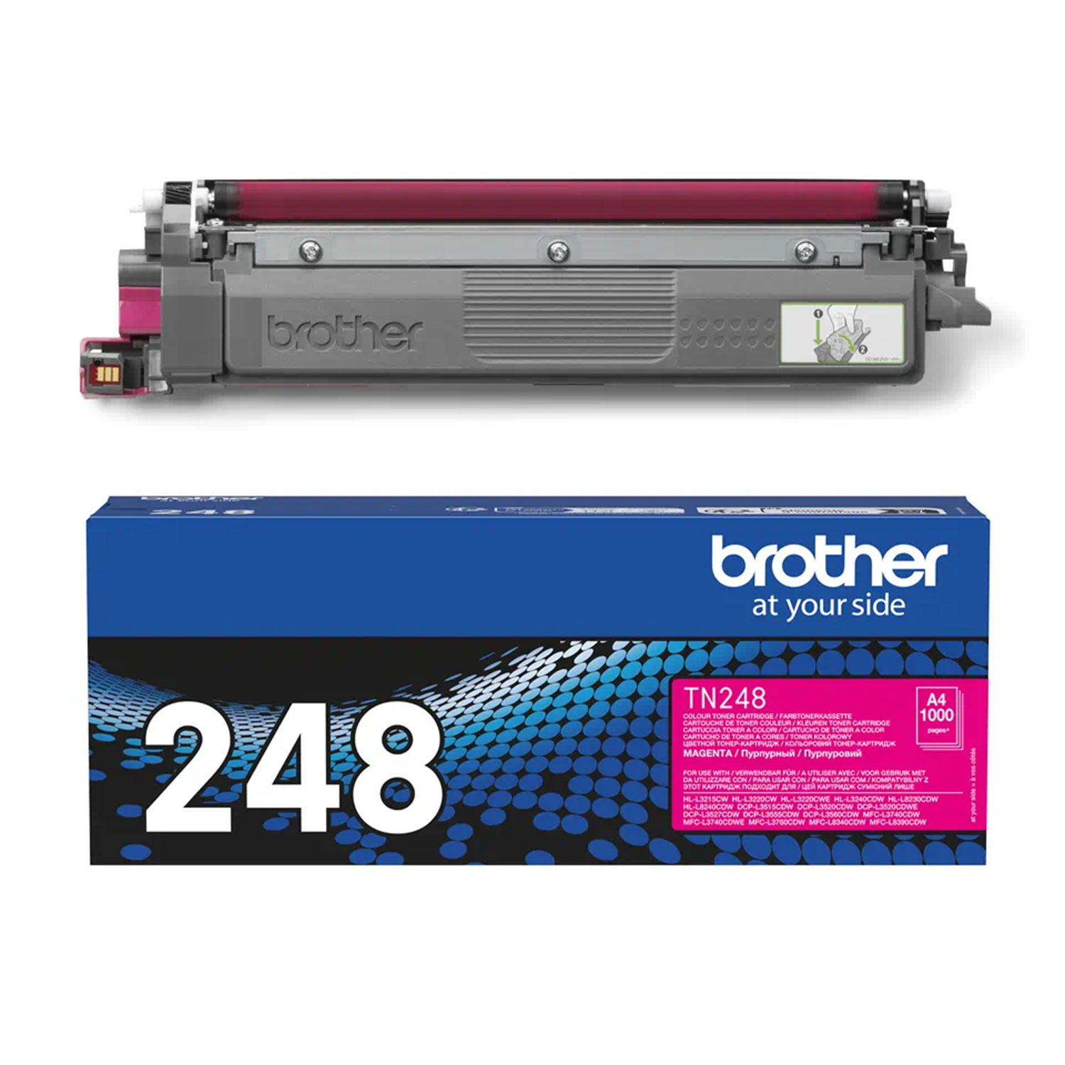 Cartuccia toner Brother TN248 e scatola; rullo magenta e cartuccia grigia.