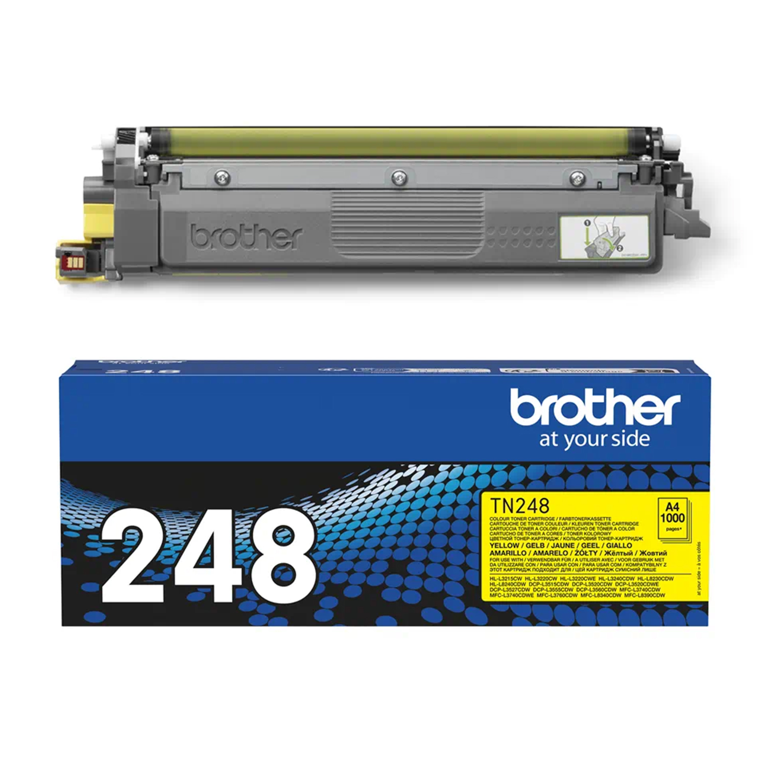Cartuccia toner Brother TN248 gialla e scatola, con il marchio Brother.