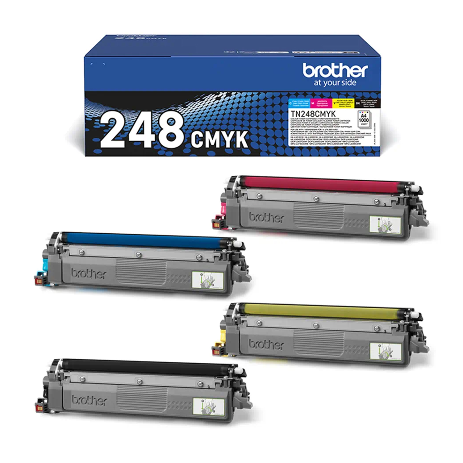 Cartucce toner Brother TN248 CMYK in ciano, magenta, giallo e nero.