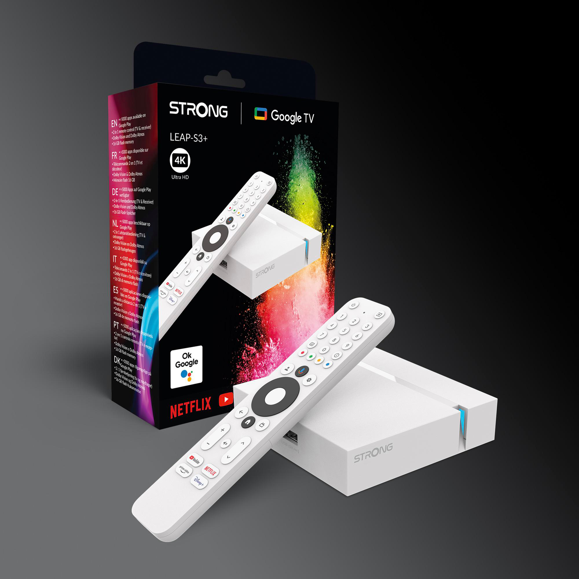 Strong LEAP-S3+ Google TV Box, weiße Fernbedienung und Box mit Logo, Netflix, 4K.