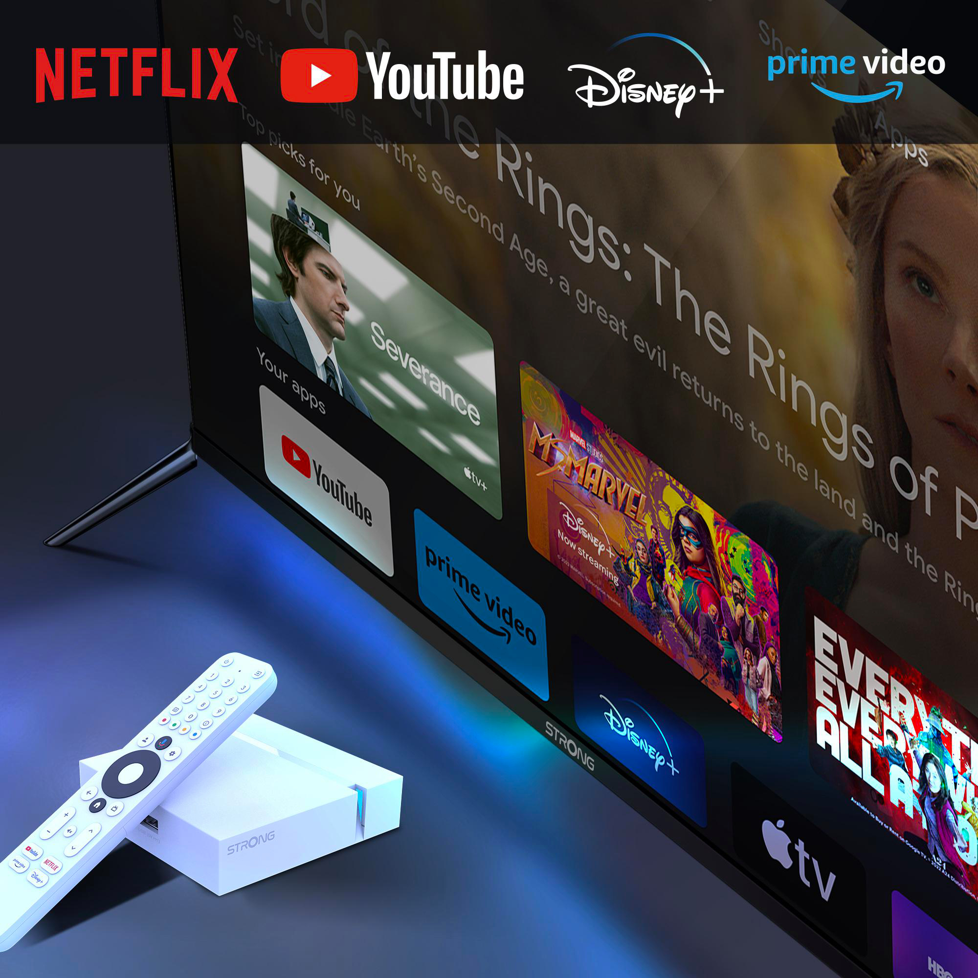 TV-Bildschirm mit Streaming-Diensten wie Netflix, YouTube und Disney+.