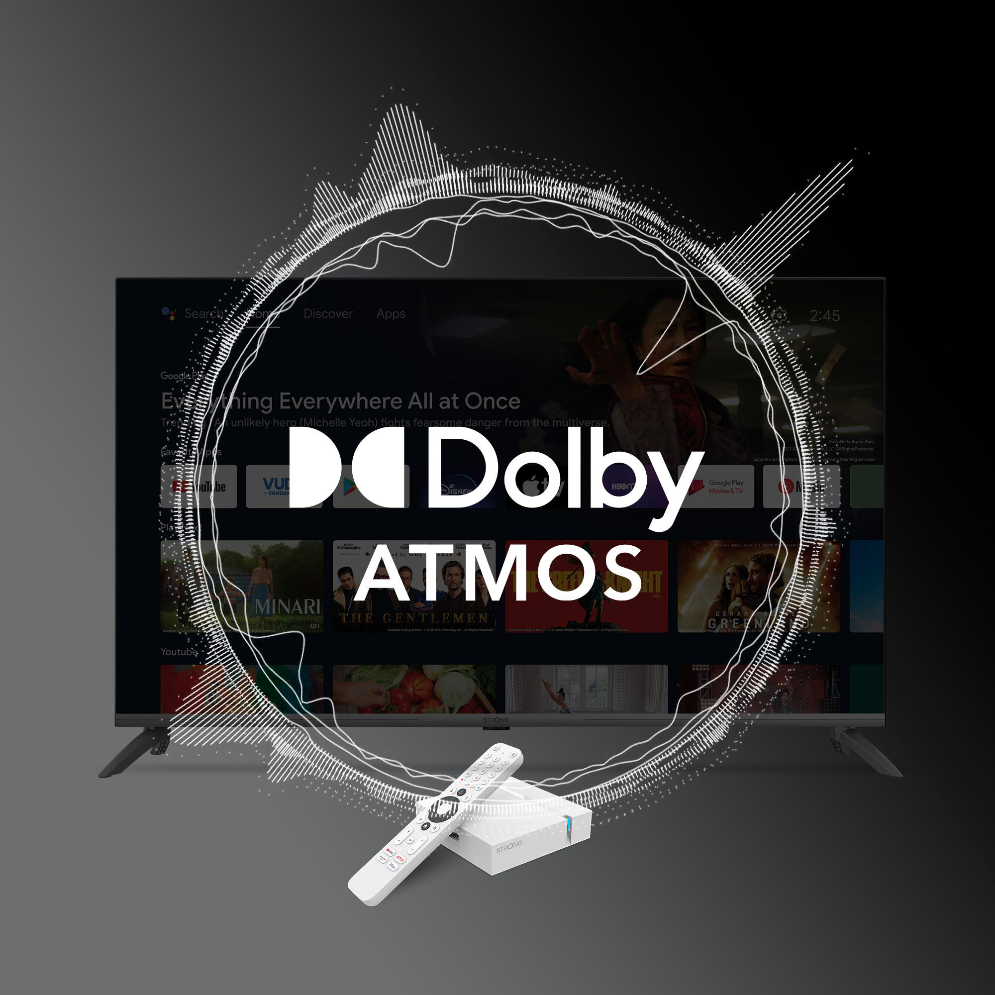 TV-Bildschirm mit Dolby Atmos-Logo und Audio-Welle, mit Fernbedienung und Box.