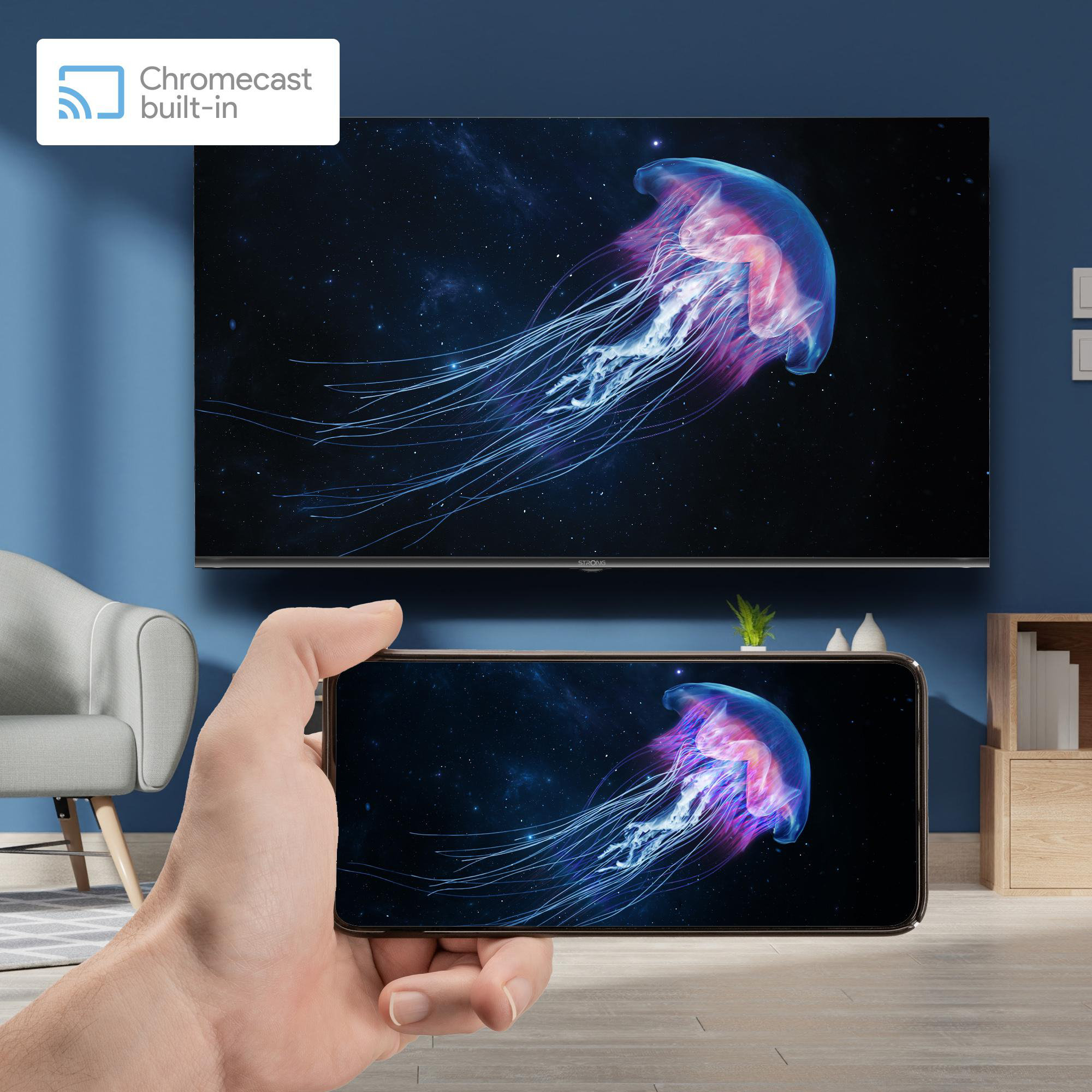 Ein Telefon zeigt eine Qualle auf dem Bildschirm. Ein Fernseher zeigt auch das gleiche Quallenbild.