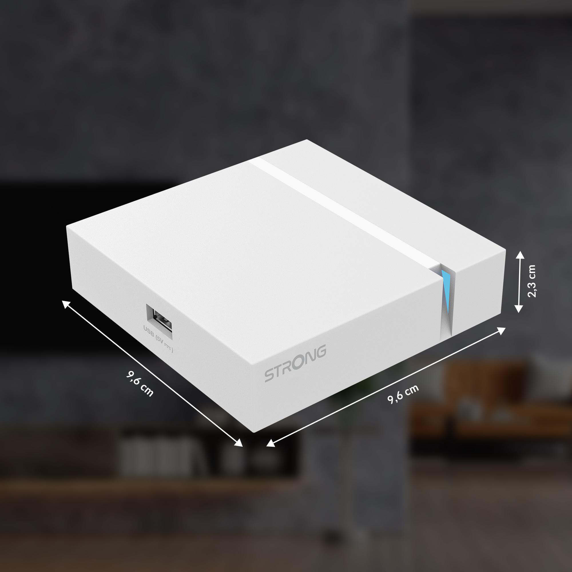 Weiße Strong Google TV-Box mit Abmessungen und sichtbarem USB-Anschluss.