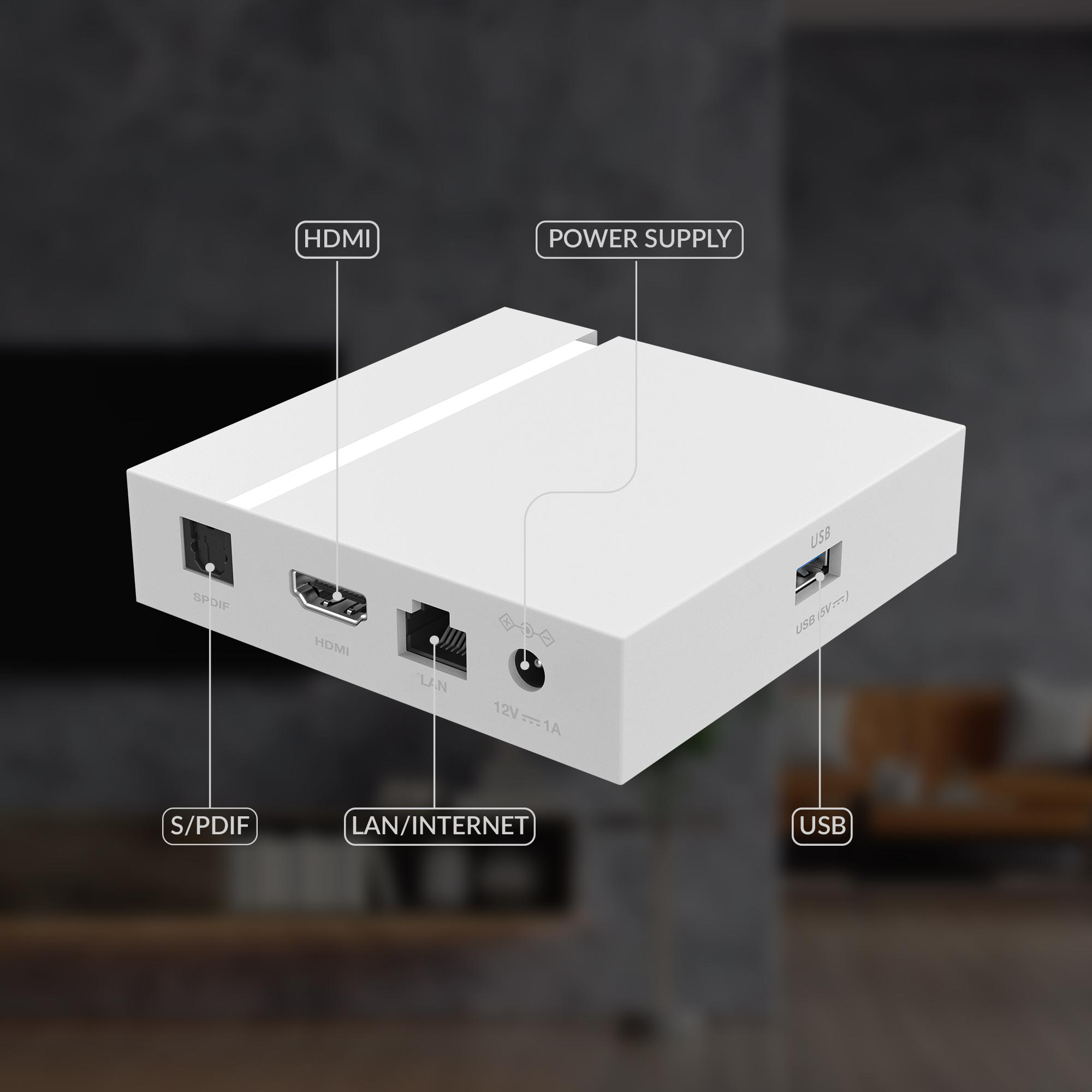 Ein weißes rechteckiges Gerät mit Anschlüssen: HDMI, LAN, USB, SPDIF und Stromversorgung.