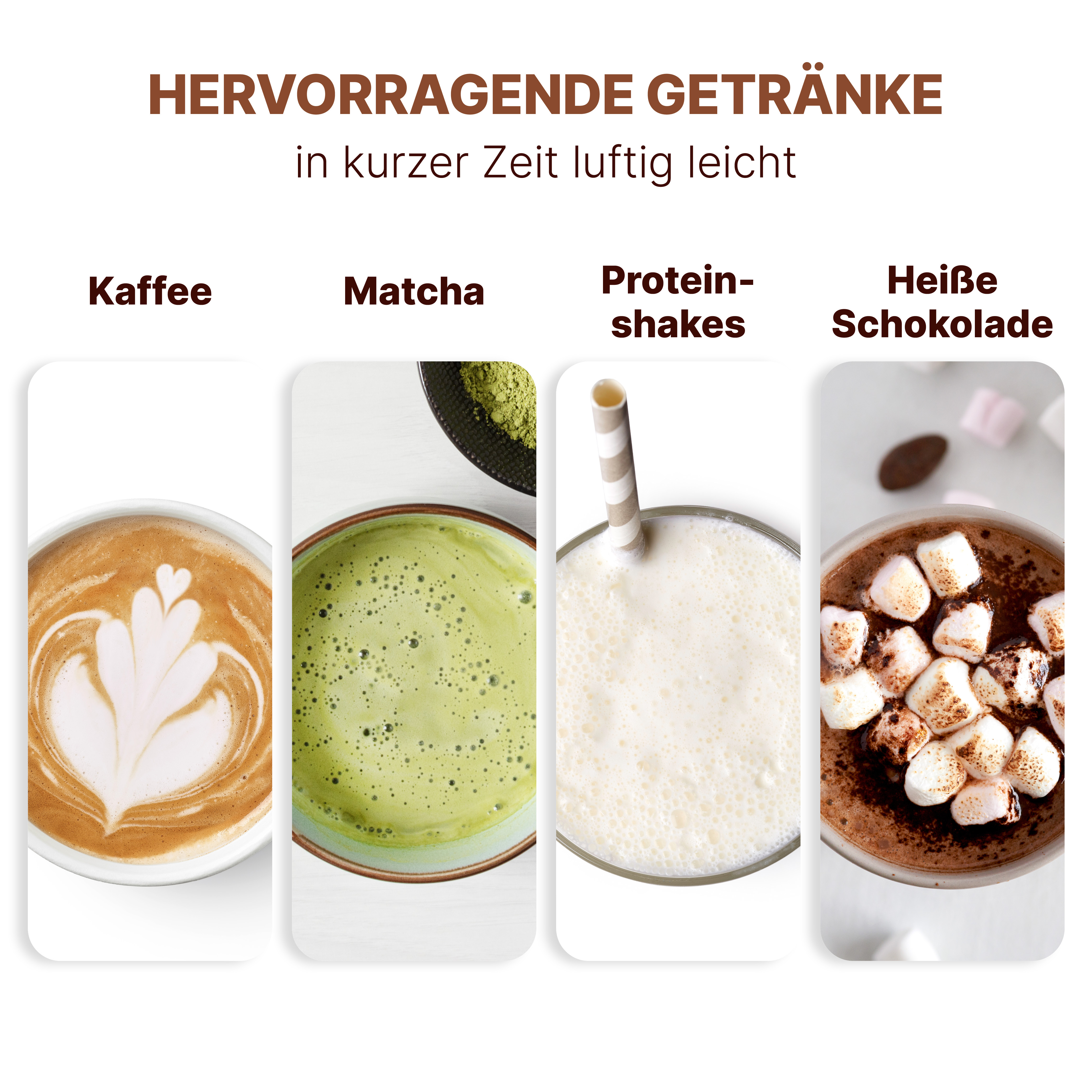 Ein Bild mit vier verschiedenen Getränken: Kaffee, Matcha, Proteinshake und heiße Schokolade.