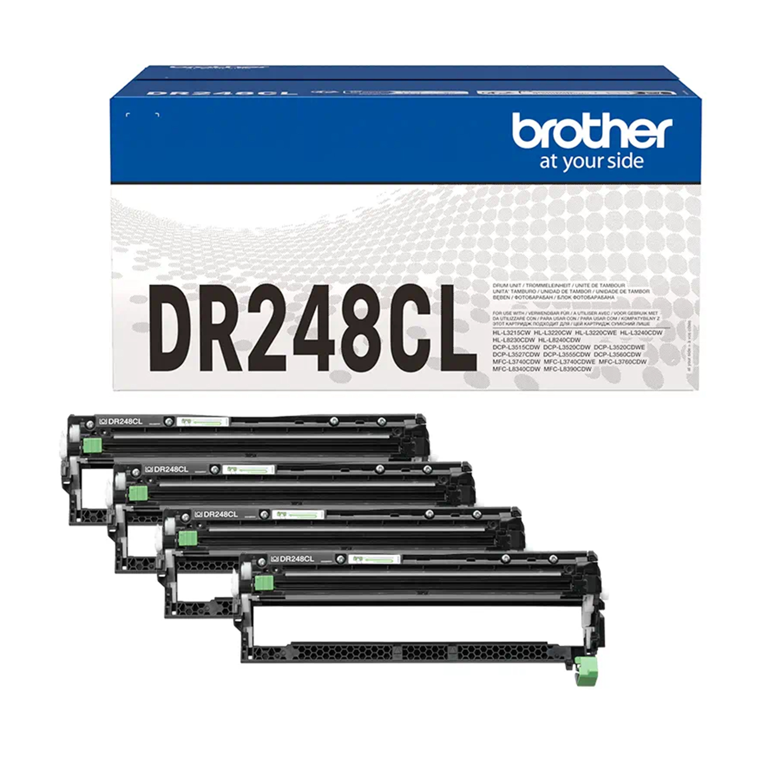 Scatola del toner Brother DR248CL e cartucce. Scatola con testo e 5 cartucce sotto, disposte in fila.