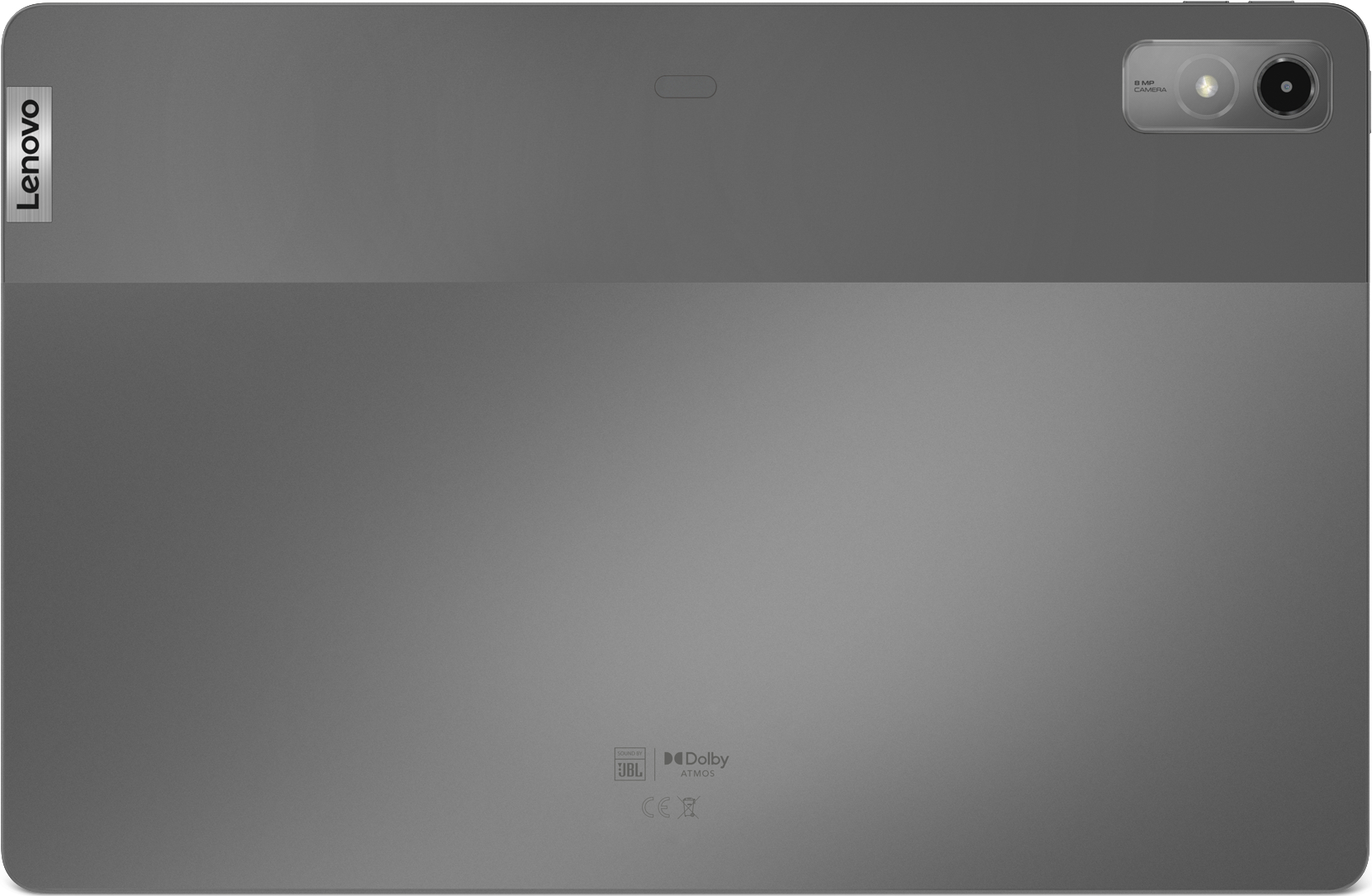 Ein graues Tablet mit dem Lenovo-Logo, einer Kamera und einem schwarzen Streifen.